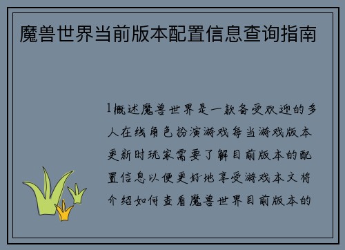 魔兽世界当前版本配置信息查询指南